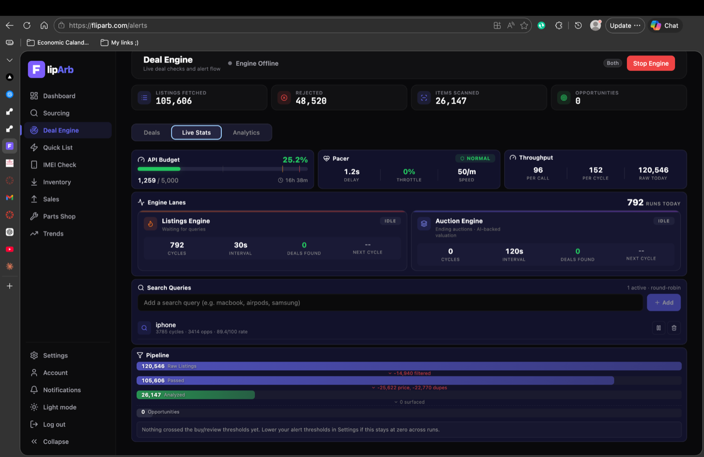 FlipArb Deal Engine dashboard